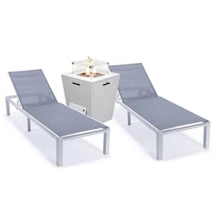 Marlin Modern White Aluminum Outdoor Patio Chaise Lounge Chair Set of 2 with Fire Pit Table (Dark Grey)