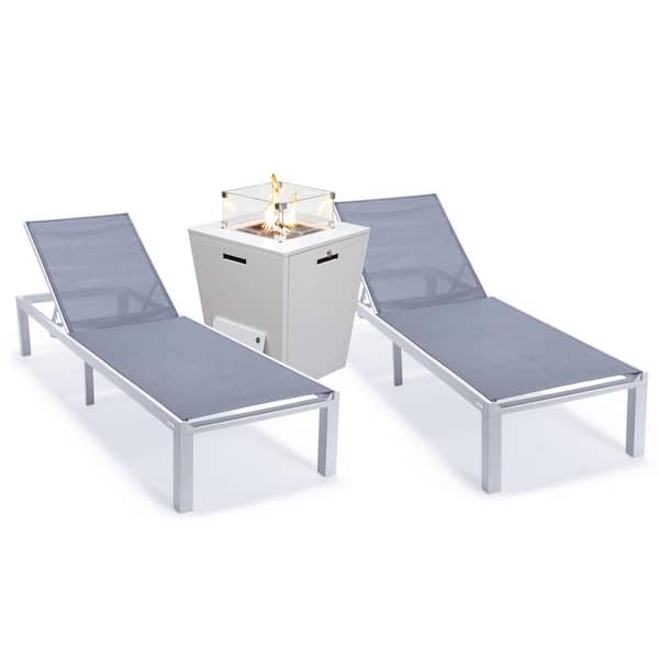 Leisuremod Marlin Modern White Aluminum Outdoor Patio Chaise Lounge Chair Set of 2 with Fire Pit Table (Dark Grey)