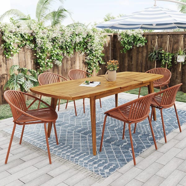 7 Pieces Outdoor Modern Expandable Dining Set with Stackable Chair, Orang and Teak