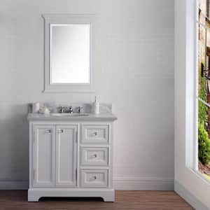 Derby 36 in. W x 34 in. H Vanity in white with Marble Vanity Top in Carrara White with White Basin and Faucet