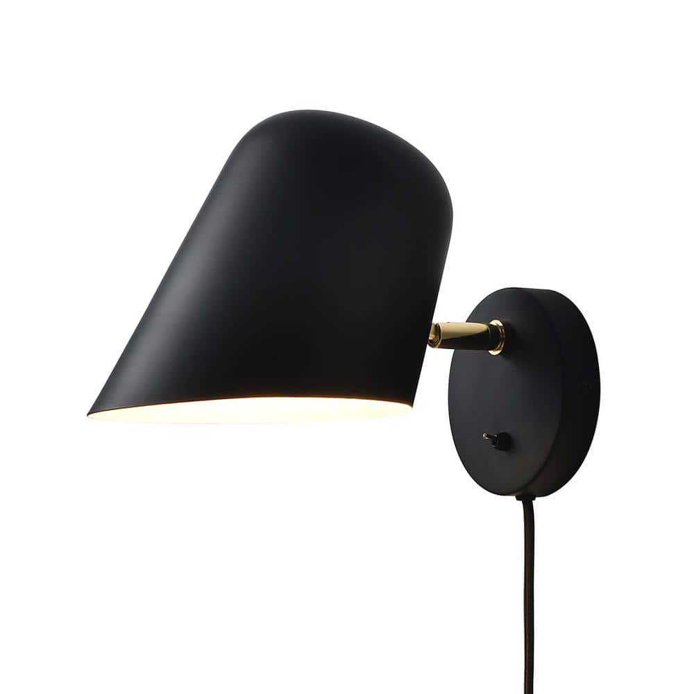 Matte Black and Brushed Brass Plug-In Wall Sconce with LED Light