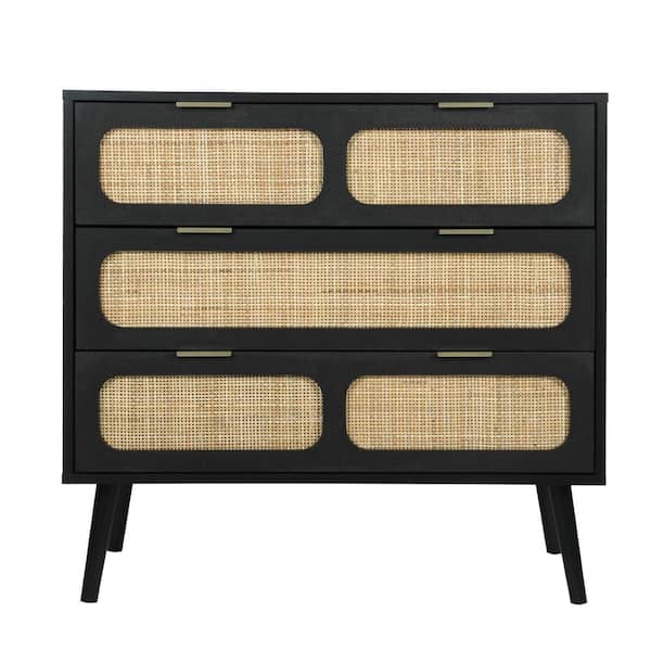 Black Wooden Rattan 3-Drawer Storage Cabinet Dresser/Nightstands (13.78 in. D x 31.5 in. W x 31.3 in. H)