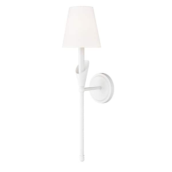 Claudelle 5.75 in. 1 Light Textured White Wall Sconce with White Fabric Shade