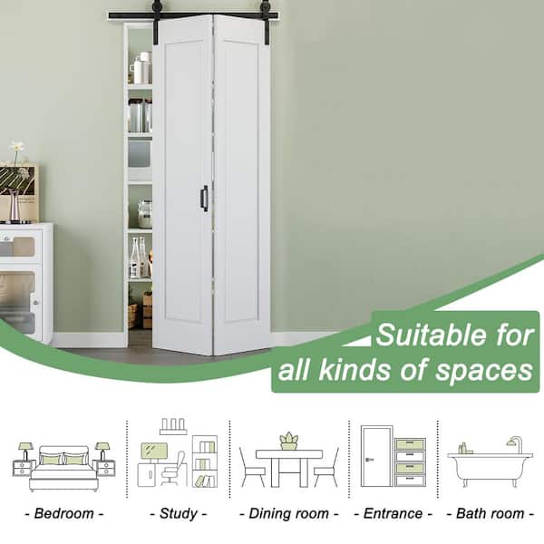 24 in. x 84 in. Easy Install 1-Panel White Primed MDF Composite Bi-Fold Sliding Barn Door with Hardware Kit and Handle