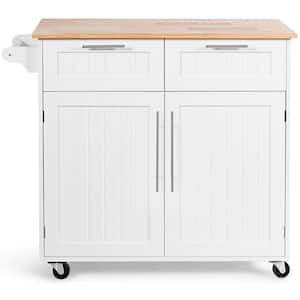37 in. White Rolling Kitchen Island Cart with Natural Wood Top and Towel Rack