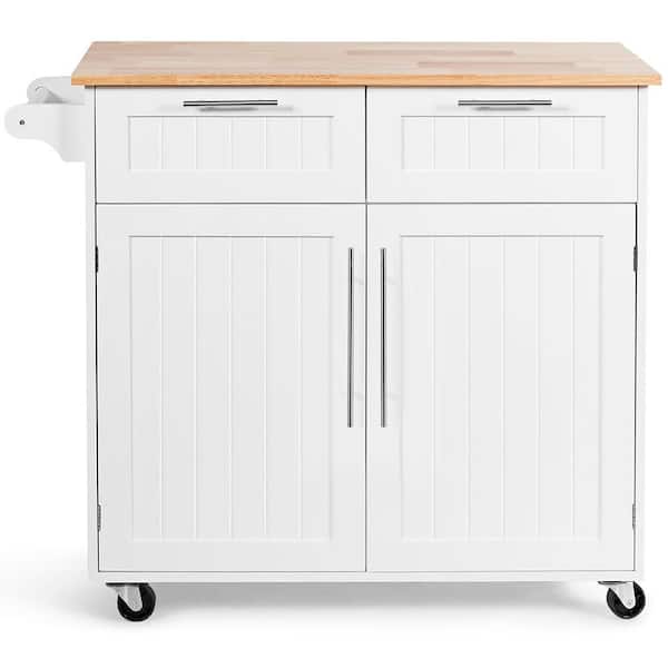 Costway 37 in. White Rolling Kitchen Island Cart with Natural Wood Top and Towel Rack