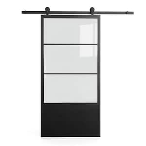 Troyes 35 in. x 83 in. French Casement 3 Light Clear Tempered Glass Black Metal Sliding Barn Door with Hardware Kit