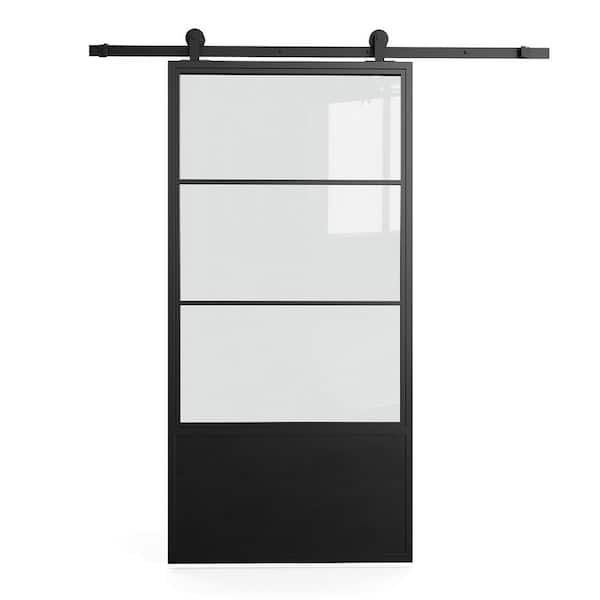 Urban Woodcraft Troyes 35 in. x 83 in. French Casement 3 Light Clear Tempered Glass Black Metal Sliding Barn Door with Hardware Kit