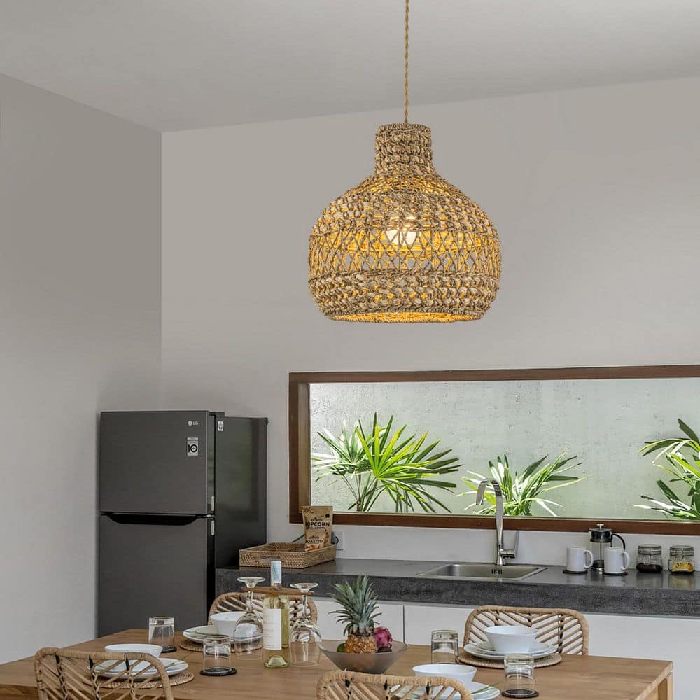 Homa 60W 12 in. 1-Light Gold Rustic Coastal Boho Rattan Pendant Light for Dining Room, Bedroom with Rattan Brown Shade price history on PriceWatchPro