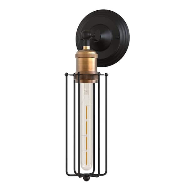 Industrial Farmhouse 10.63 in. 1 Black Wall Sconce with Dimmable Caged Shade for Hallways, Kitchens, and Living Rooms