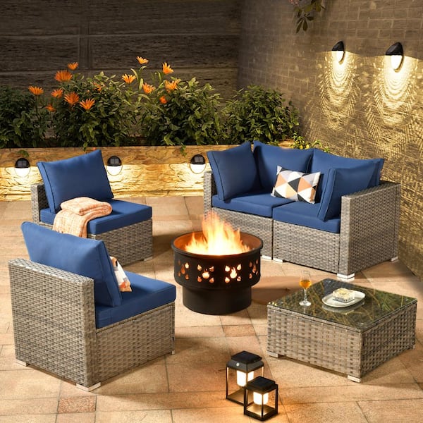 OVIOS Hippish Gray 6-Piece Wicker Patio Wood Burning Fire Pit Conversation Set with Navy Blue Cushions