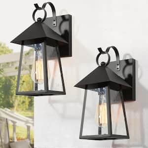 Farmhouse Cage Black Outdoor Wall Light 1-Light Industrial Outdoor Wall Sconce Light with Seeded Glass Shade 2-Pack
