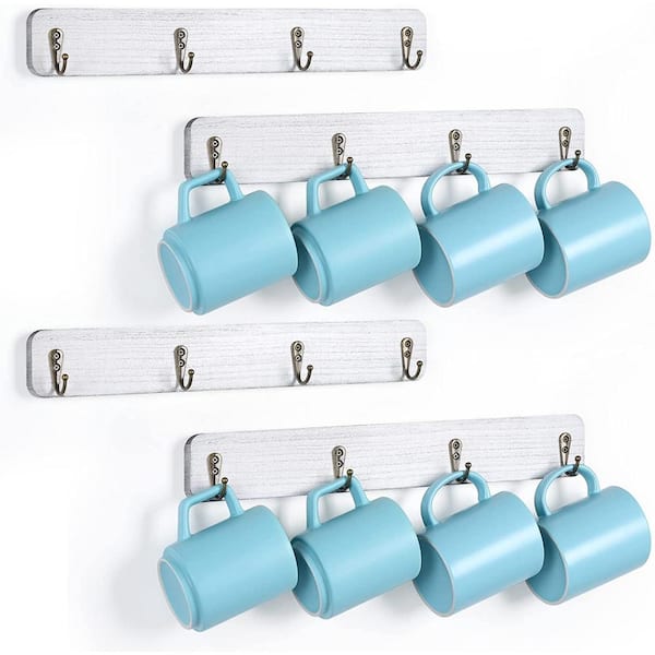 Oumilen Wall Mounted Coffee Mug Holder Rustic Wood Cup Organizer with Hooks Set of 2, White Gray