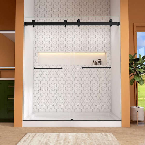 72 in. W x 76 in. H Double Sliding Frameless Alcove Bypass Glass Shower Door 5/16 in. Tempered Glass in Matte Black