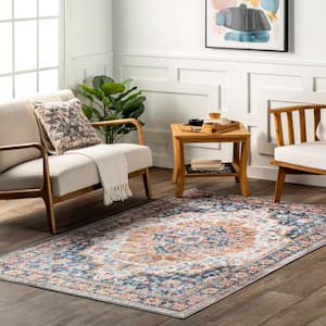 Emi Spill-Proof Machine Washable Blue Multi Doormat 3 ft. x 5 ft. Persian Area Rug