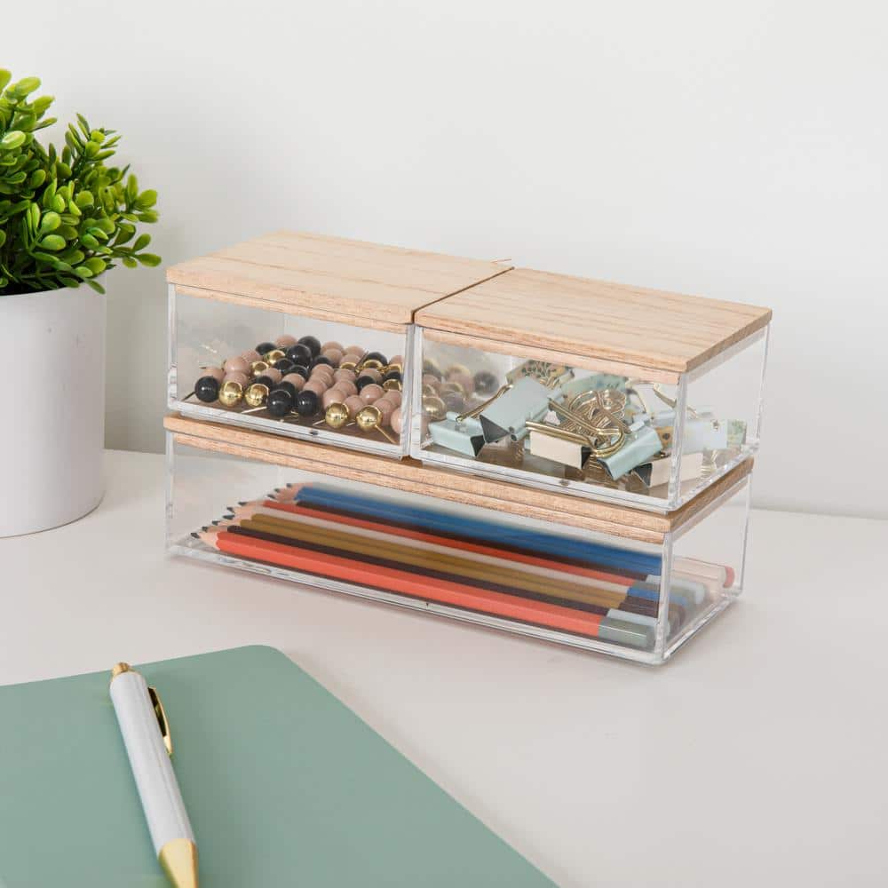 Clear Stackable Plastic Organizer Bins with Light Wood Lids, Set of 3