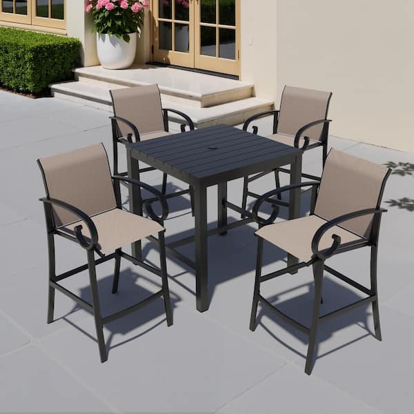 Crestlive Products 5-Piece Square Aluminum Outdoor Dining Set with 35.4 in. Table and Bar Stool in Ashe