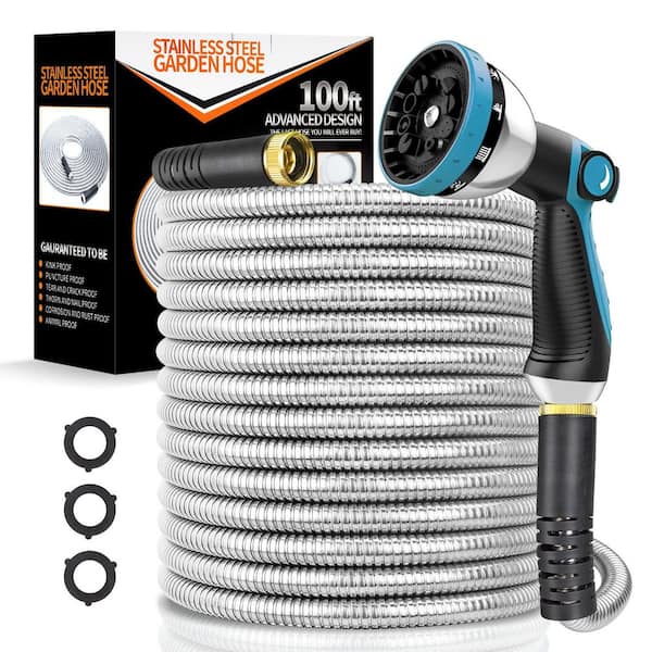 5/8 in. Dia. x 100 ft. Heavy-Duty Stainless Steel Garden Hose with Spray Nozzle
