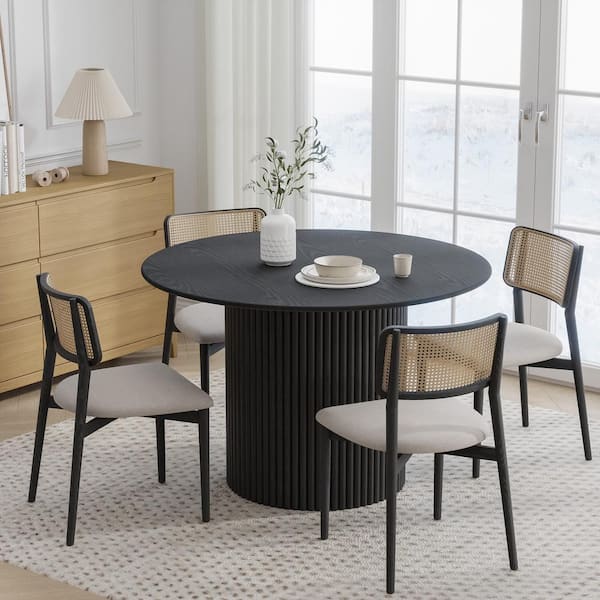 Dovelina 46 in. Oak Wood Black Column Pedestal Round Kitchen Table Dining Table Seats 4