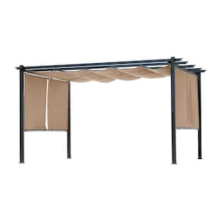 13 ft. x 10 ft. Gray Aluminum Frame Patio Pergola with Khaki Retractable Shade Top Canopy and 4 Pieces Roller Shade