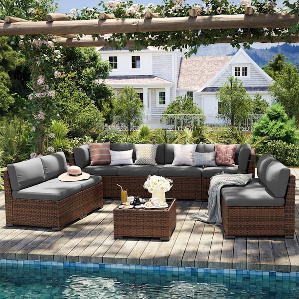 ELPOSUN 9-Piece Wicker Patio Conversation Set with Gray Cushions