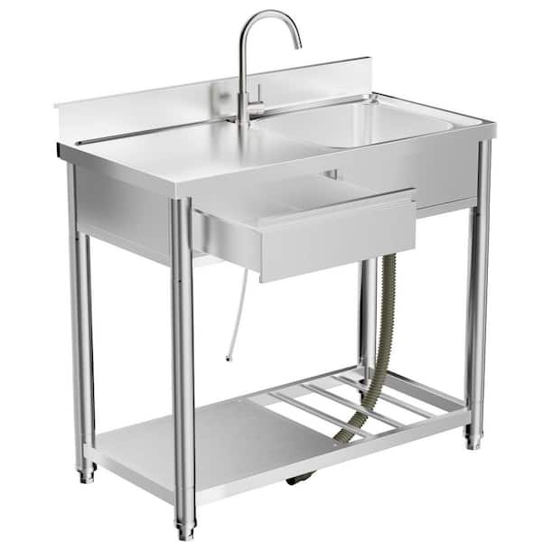 39.30 in. Freestanding Stainless Steel 1-Compartment Commercial Kitchen Sink with Faucet, Basin, Legs, and Undershelf