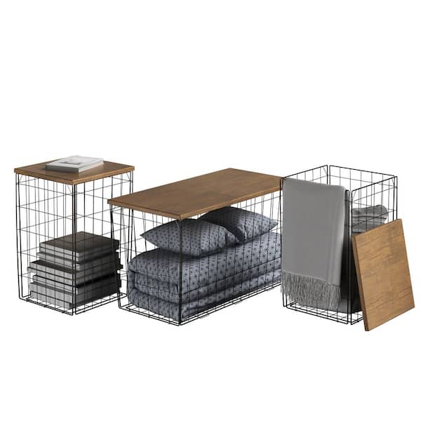 Lavish Home Metal Basket Storage with Removable Lids Top, Set of 3-Living Room Tables, 2-Small Side and 1-Large Accent (Brown/Black)