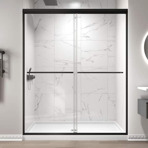 60 in. W x 70 in. H Double Sliding Semi-Frameless Shower Door in Matte Black Finish with 1/4 in. (6mm) Clear Glass