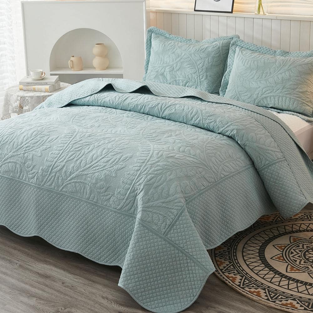 King Green Cotton Quilted Floral Bedding Set