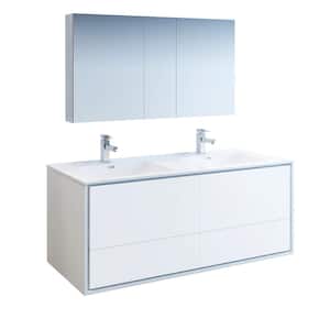 Catania 60 in. Modern Double Wall Hung Vanity in Glossy White, Vanity Top in White with White Basins, Medicine Cabine
