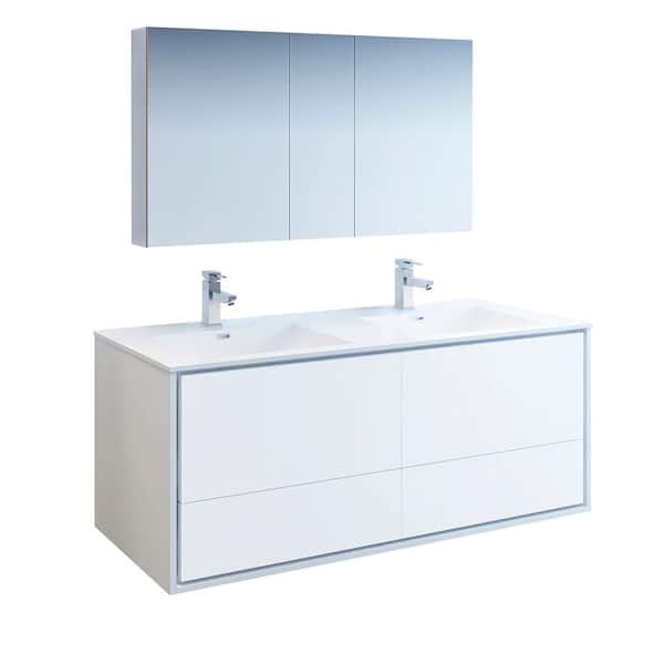 Fresca Catania 60 in. Modern Double Wall Hung Vanity in Glossy White, Vanity Top in White with White Basins, Medicine Cabine