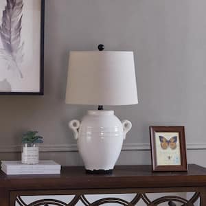 Cleveland 24.5 in. White Ceramic Traditional Bedside Table Lamp with Oatmeal Linen Drum Shade