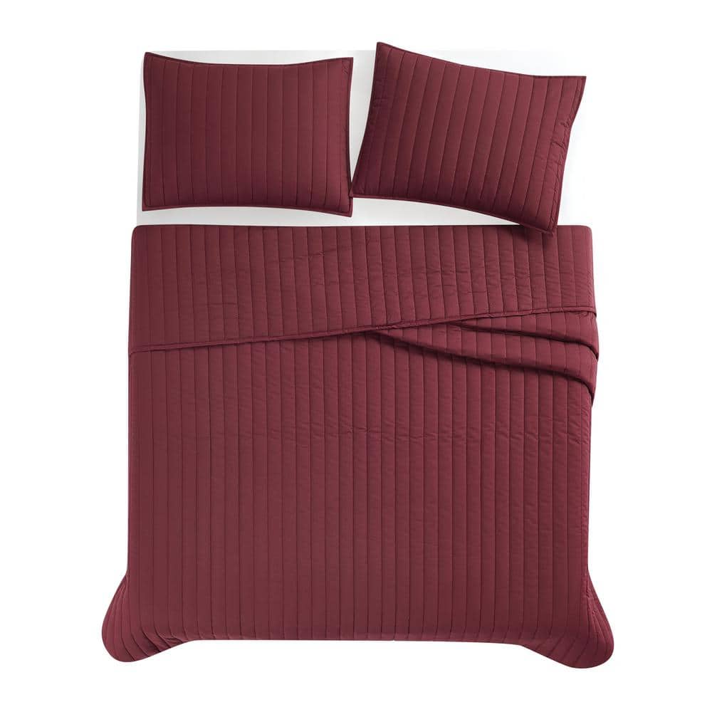 Burgundy Full Cotton Quilt Set with Vertical Stitch
