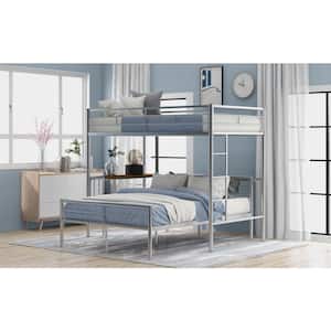 Twin Over Full Metal Bunk Bed in Silver with Desk, Ladder and Quality Slats