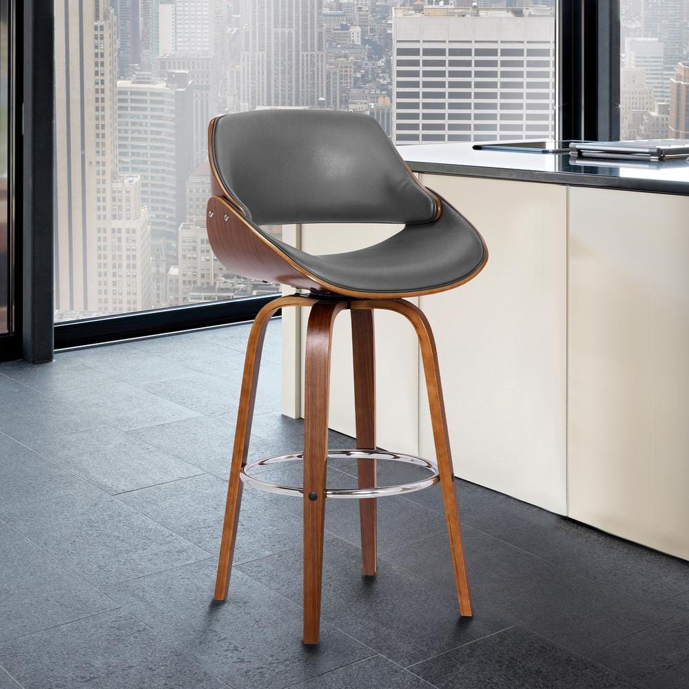 Contemporary Walnut and Grey Leather Swivel Counter Stool