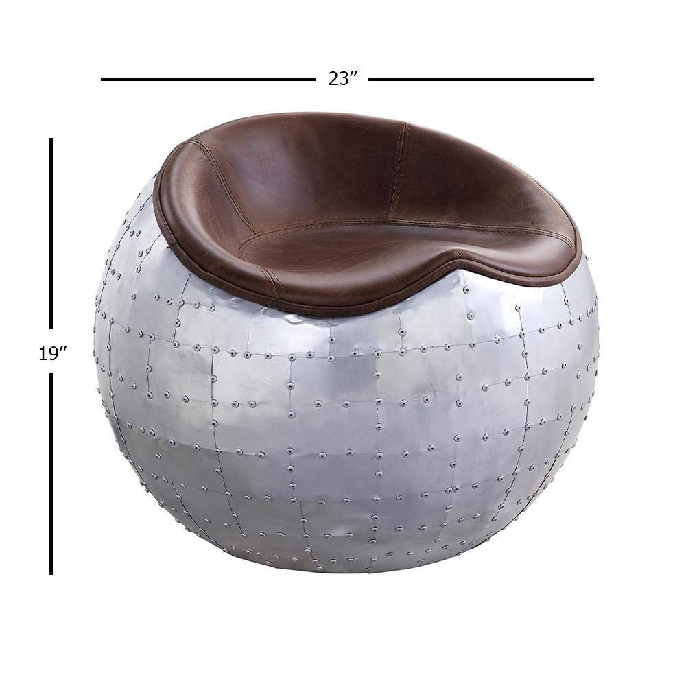Retro Brown Top Grain Leather and Aluminum Round Ottoman