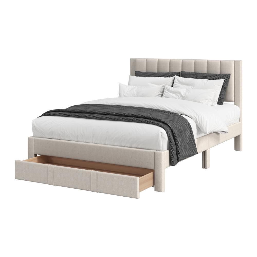 Beige Upholstered King Bed with Channel Tufted Headboard and Storage