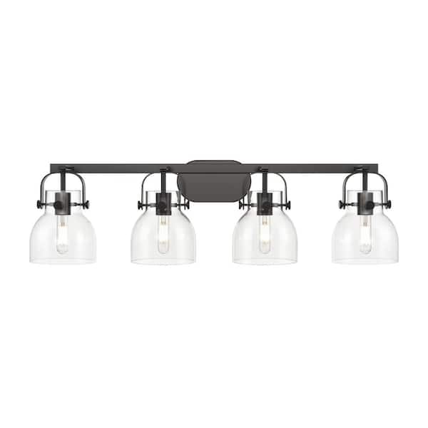 Innovations Pilaster II Bell 36.5 in. 4-Light Matte Black Vanity Light with Glass Shade