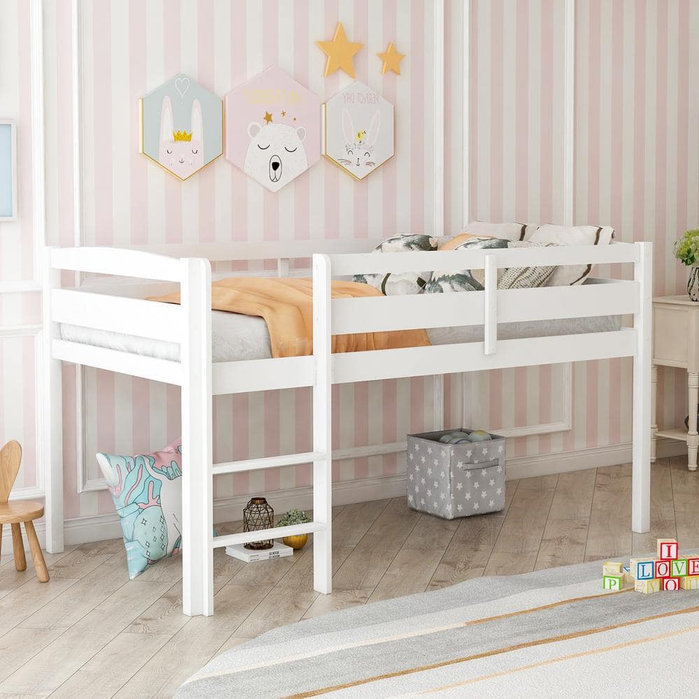 Harper & Bright Designs White Twin Size Wood Low Loft Bed with Ladder ...