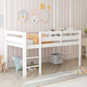 White Twin Size Wood Low Loft Bed with Ladder