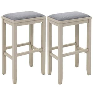 31 in. Set of 2 Upholstered Bar Stools Wooden Bar Height Dining Chairs Griege