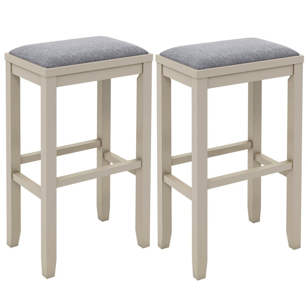 Costway White Upholstered Bar Stools Wooden Bar Height Dining Chairs