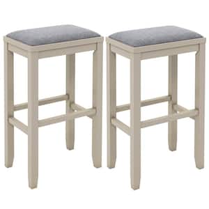 White Upholstered Bar Stools Wooden Bar Height Dining Chairs (Set of 2)