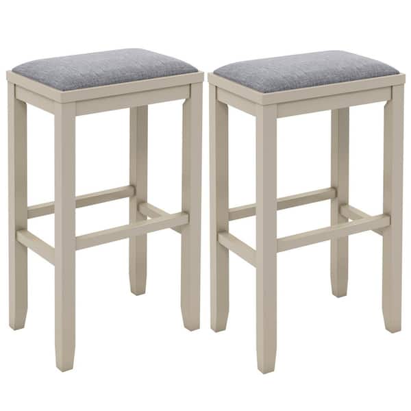 Costway White Upholstered Bar Stools Wooden Bar Height Dining Chairs (Set of 2)