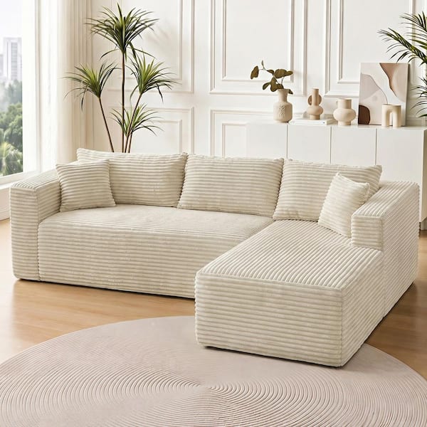 Bexyn Modern 105 in. Corduroy Upholstered L-Shaped Boneless Compressed Modular Sectional Sofa in Beige with Pillows