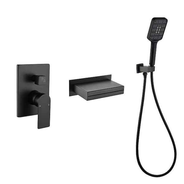 Single Handle Wall Mount Roman Tub Faucet with 3 Functions Hand Shower, Waterfall Wide Tub Spout in Matte Black