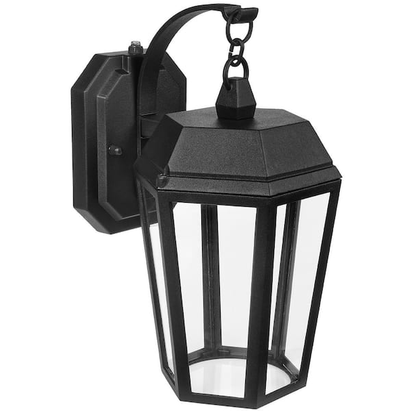 Maxxima LED Porch Lantern Outdoor Wall Light, Black with Clear Glass, Dusk to Dawn Sensor, 570 Lumens, 3000K Warm White