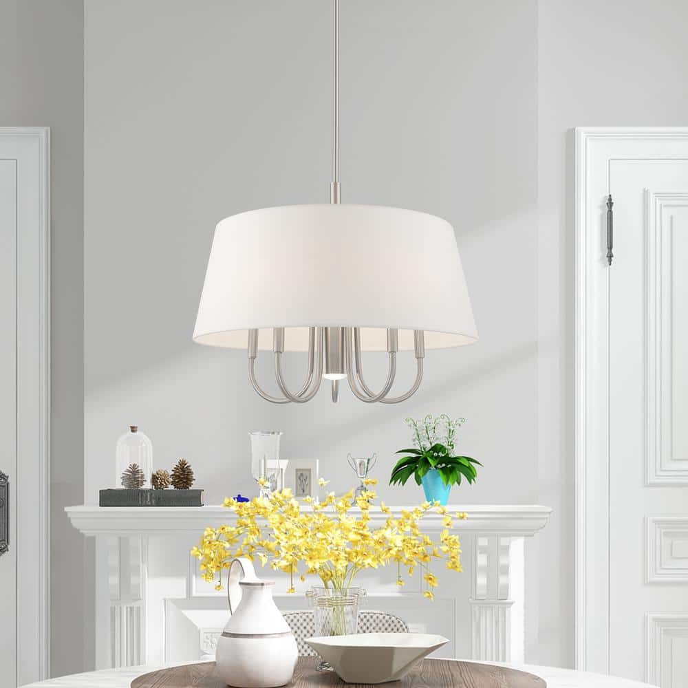 Belclaire 6-Light Brushed Nickel Pendant with Off-White Drum Shade