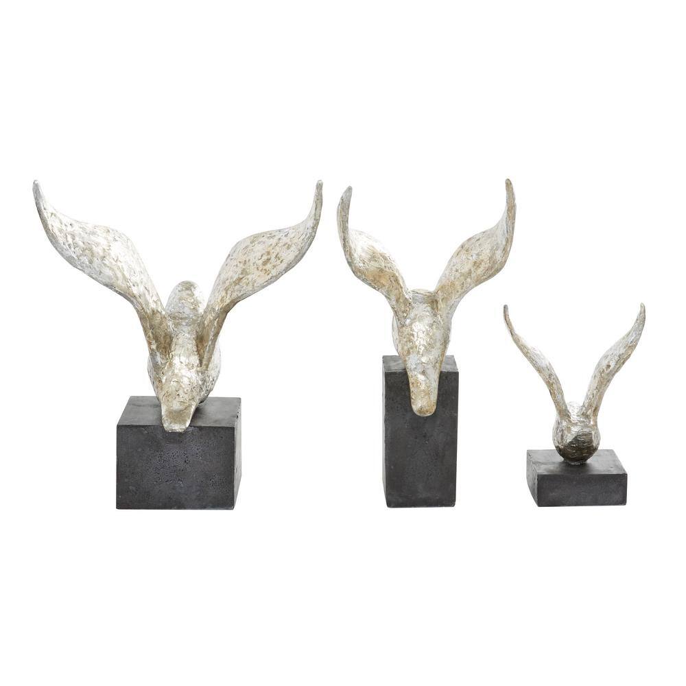 Silver and Black Resin Bird Sculptures Set of 3