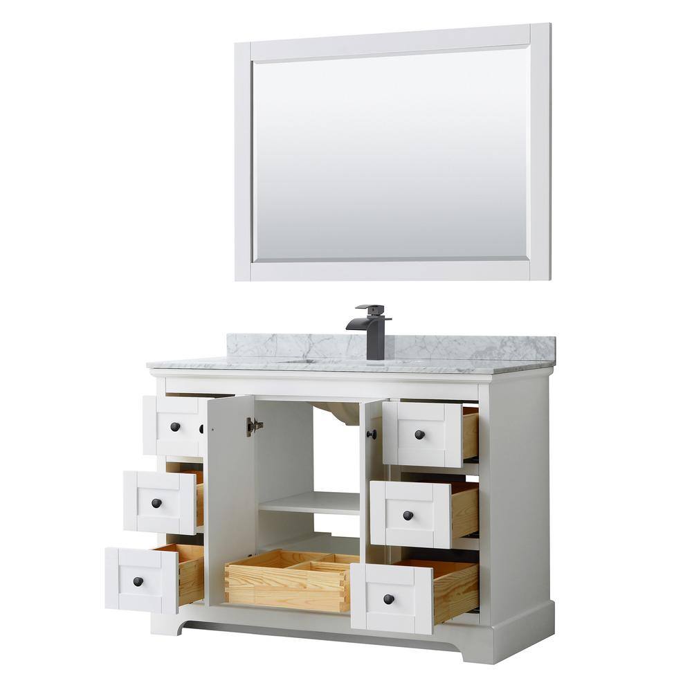 Open white bathroom vanity showing interior drawers and storage compartments.